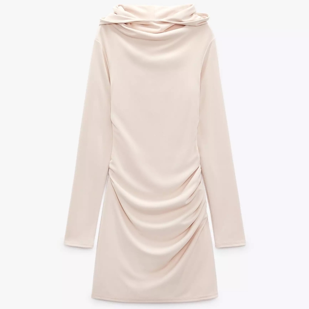 Elegant Cream Long-Sleeve Dress Open-Back Dress With Hood Zara